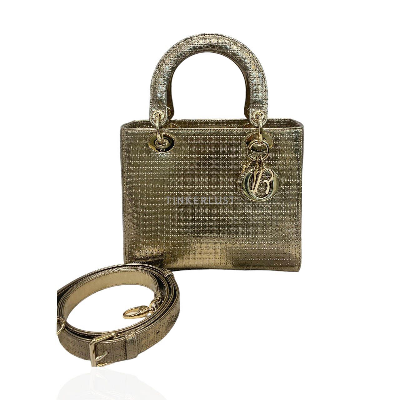 tas satchel Christian Dior Lady Dior Medium Gold Metallic 2017 GHW Satchel Tinkerlust